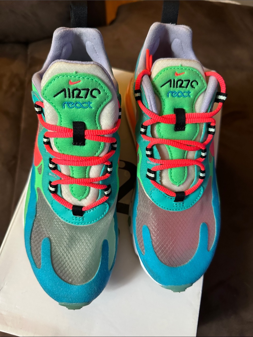 NIKE Women’s Air Max 270 React , Size 6 1/2. Electric Green/ Multi color